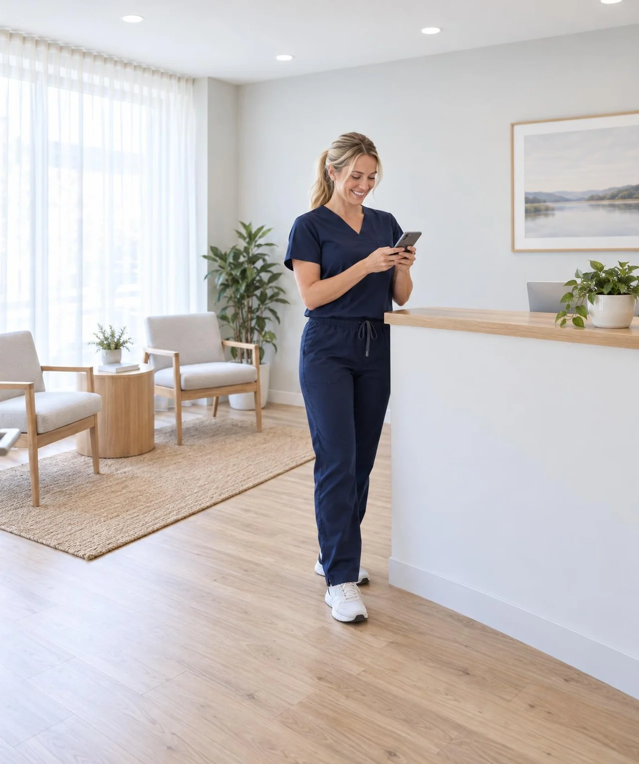 Chiropractor smiling at a new five-star Google review on her phone at the front desk