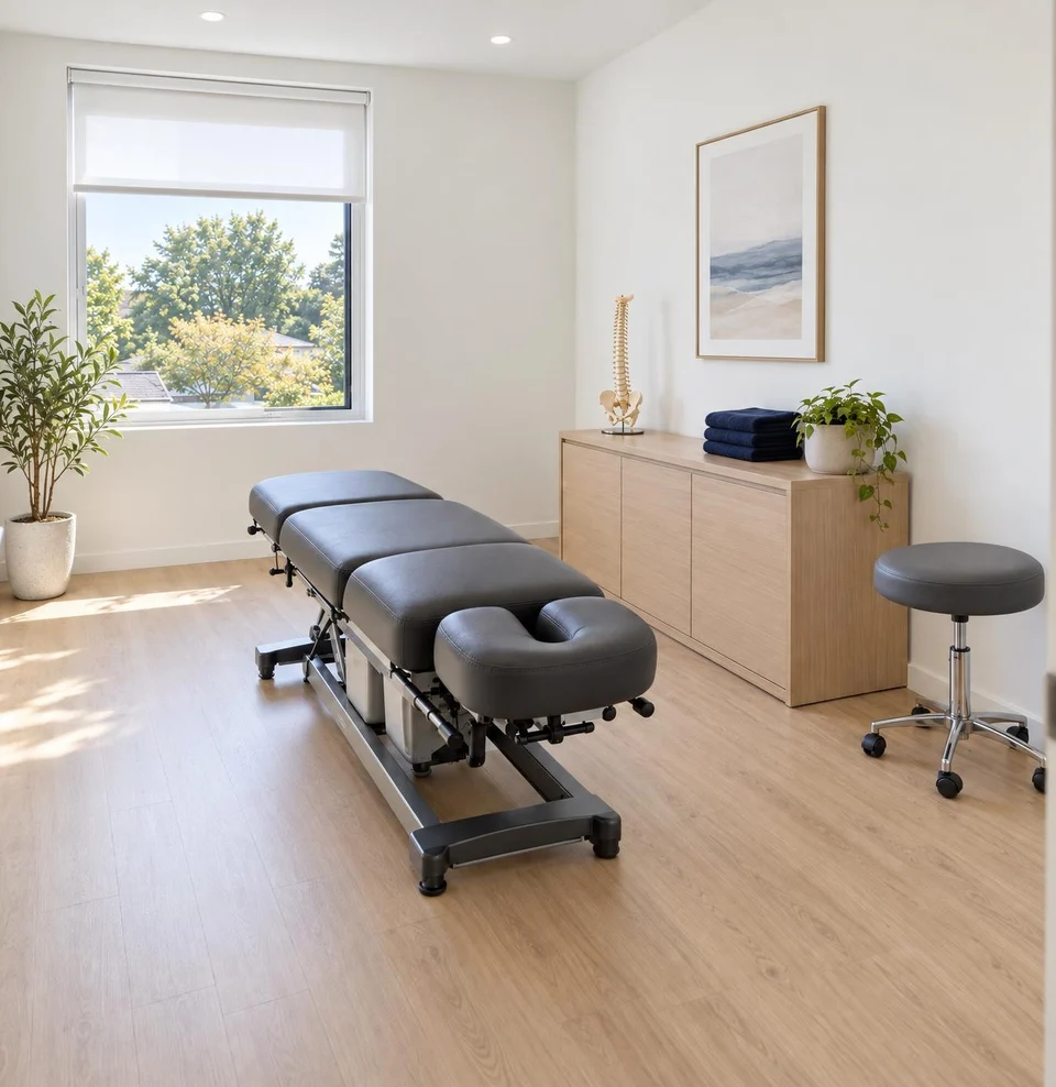 Brand-new adjusting room at a suburban chiropractic clinic, ready for its first patients