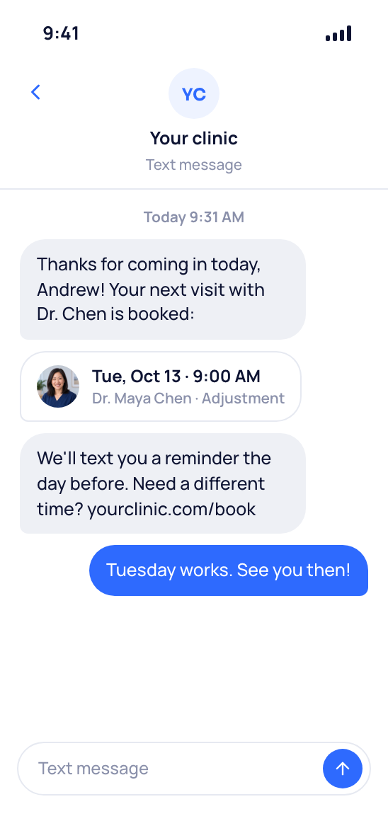Andrew Lim's phone with a text from your clinic confirming his next visit with Dr. Chen on Tuesday at 9:00.