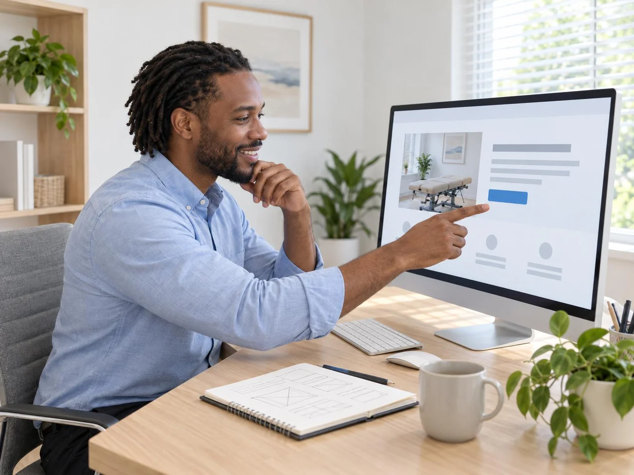 Web writer working on a chiropractic clinic's service page on a large monitor