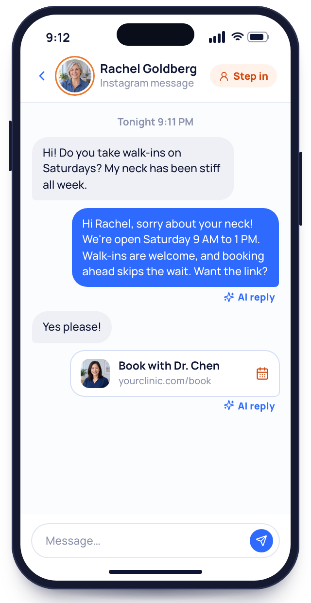 A phone showing an Instagram message from Rachel Goldberg at night and the AI's replies, ending with a link to book with Dr. Chen.
