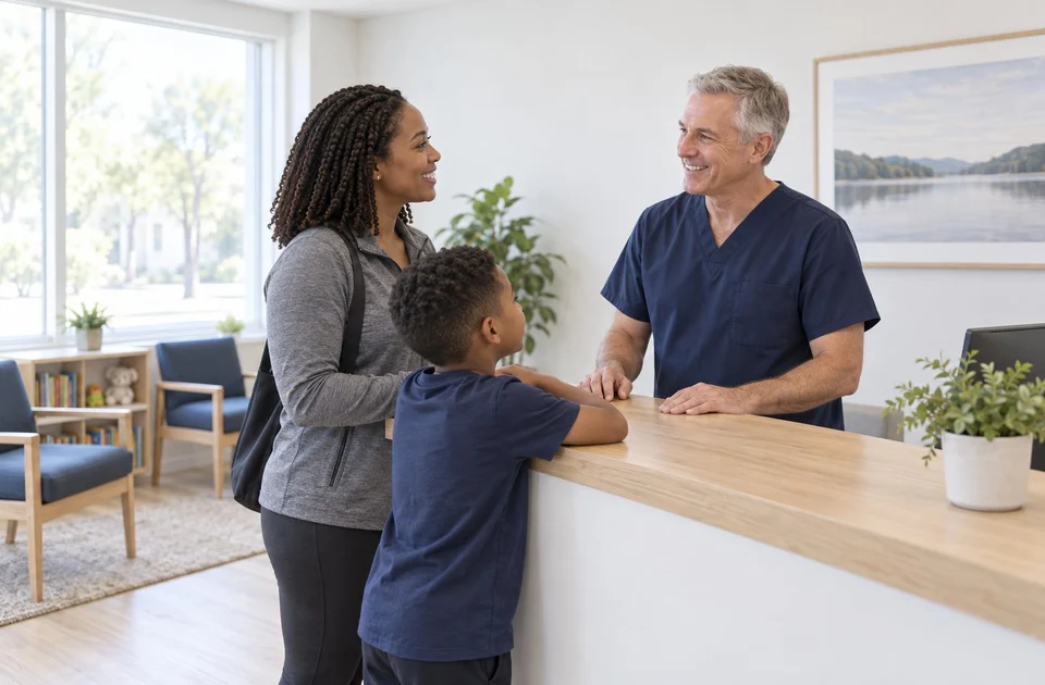 Chiropractor welcoming a mother and her young son at the front desk of a small-city family clinic