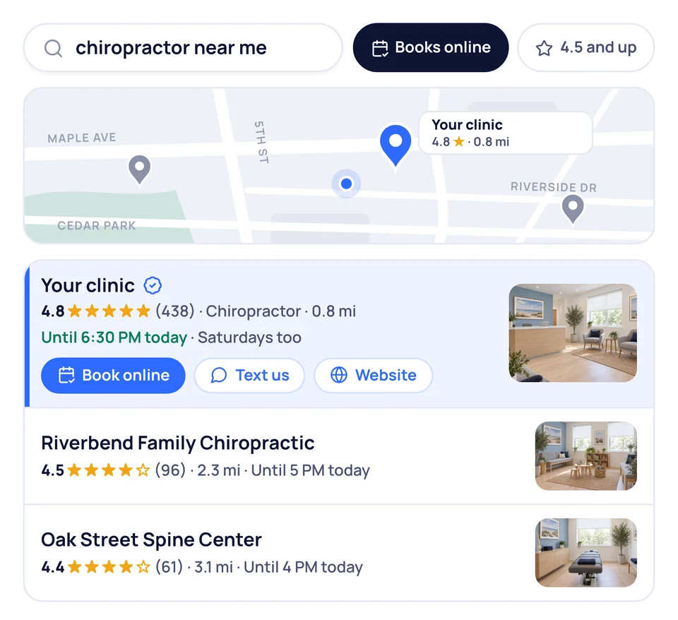 Chiropractor near me map search with the clinic pinned and listed first, above two other local clinics