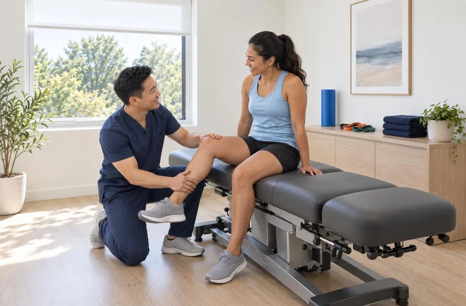 Chiropractor checking a runner's knee on the adjusting table in a sports chiropractic room