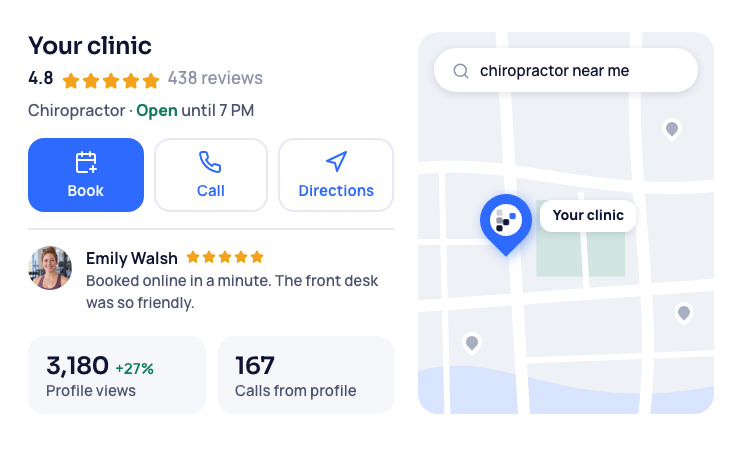 Local SEO: a chiropractic clinic's Google profile and reviews, pinned on a chiropractor near me map