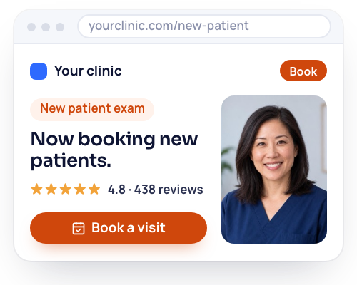 A drawing of a landing page for new patients in a browser, with the clinic's star rating, a Book a visit button and a doctor's photo.