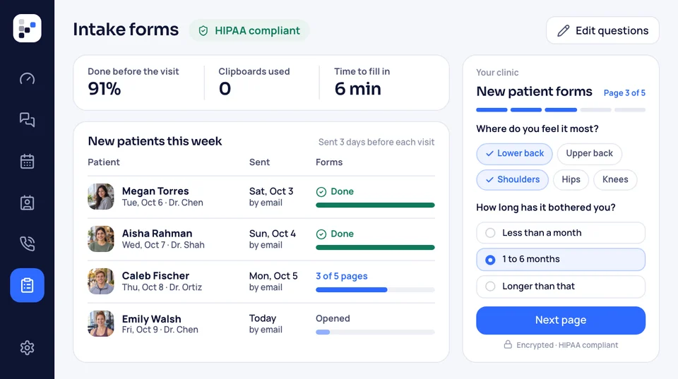 Intake forms patients fill in at home before the visit, with each new patient's progress