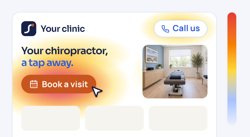 A small web page for your clinic with heat-map glows on its Book a visit button and header, a mouse pointer on the button and a scroll-depth bar beside it.