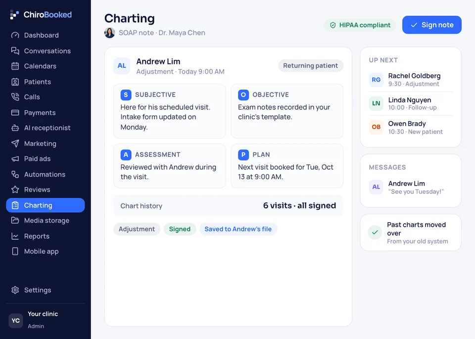 A HIPAA compliant SOAP note in ChiroBooked for Andrew Lim's adjustment with Dr. Maya Chen, next to the day's next visits and messages.