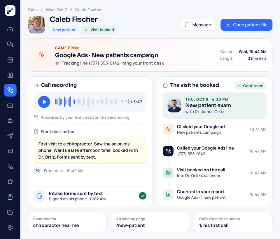 Caleb Fischer's call record: it came from a Google ad on its own tracking number, with the call recording, the front desk's notes and the new patient exam he booked with Dr. James Ortiz.