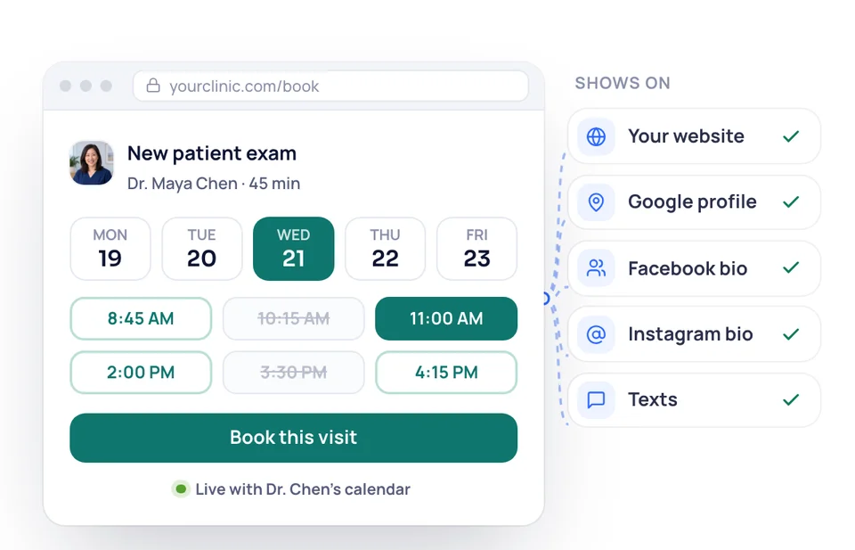 Your clinic's booking page for a new patient exam with Dr. Maya Chen, with the places it shows: website, Google profile, Facebook and Instagram bios and texts.