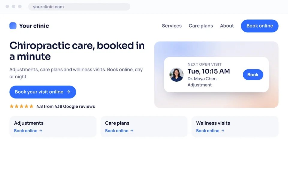 Your clinic's new website in a browser, with Book online on every part of the page and the next open visit with Dr. Chen.