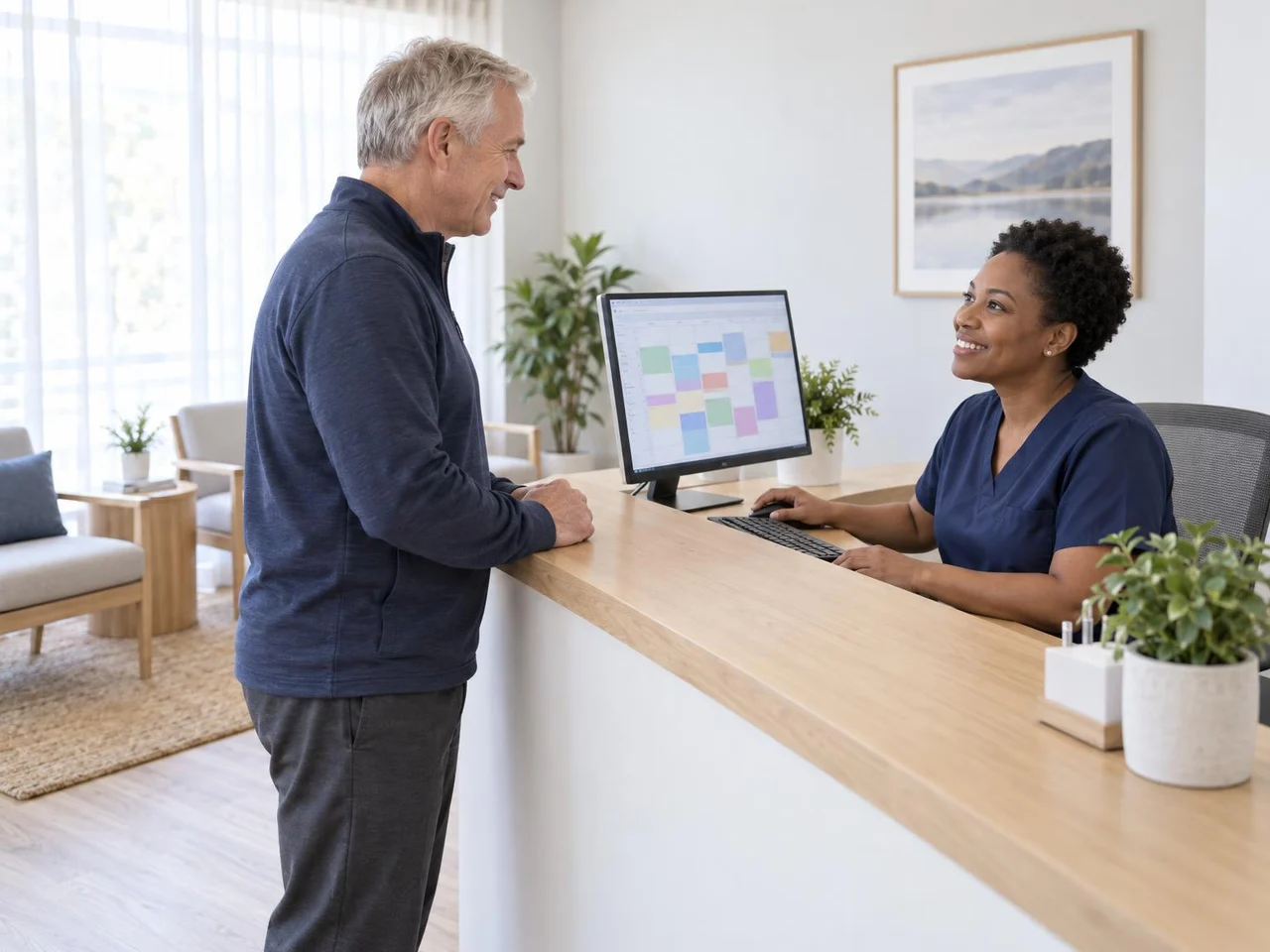 Front desk coordinator booking a patient's care plan visits on the clinic calendar