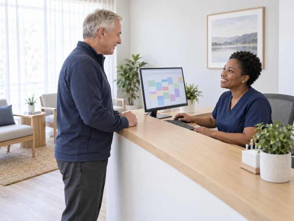 Front desk coordinator booking a patient's care plan visits on the clinic calendar