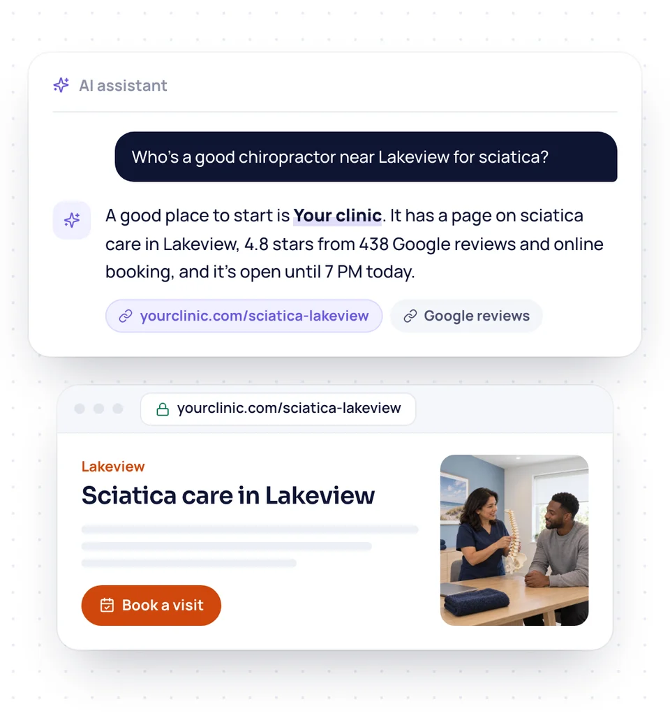 An AI assistant answering who's a good chiropractor near Lakeview for sciatica by naming your clinic, with your sciatica page below