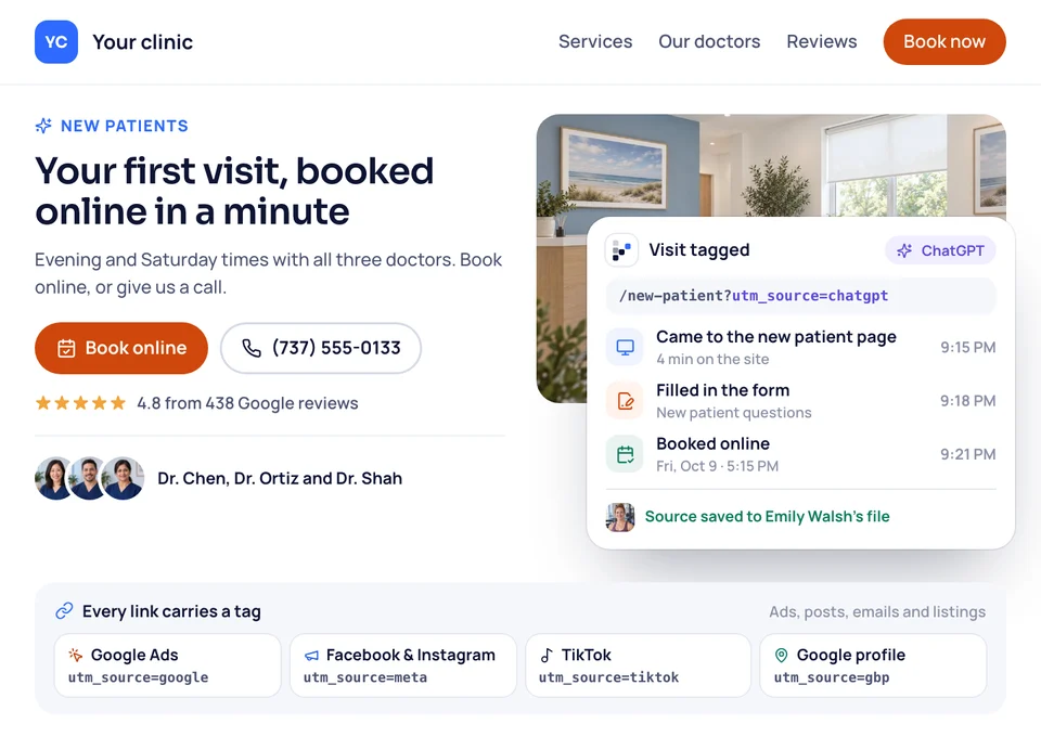 The clinic's new patient page opened from a tagged ChatGPT link, with the visit, the form and the online booking saved to the patient's file, and a tag on every link.