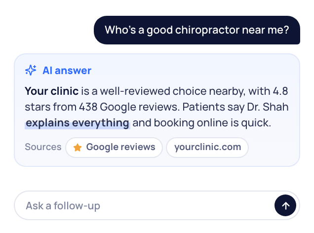 An AI answer to who's a good chiropractor nearby, naming your clinic and citing its Google reviews.
