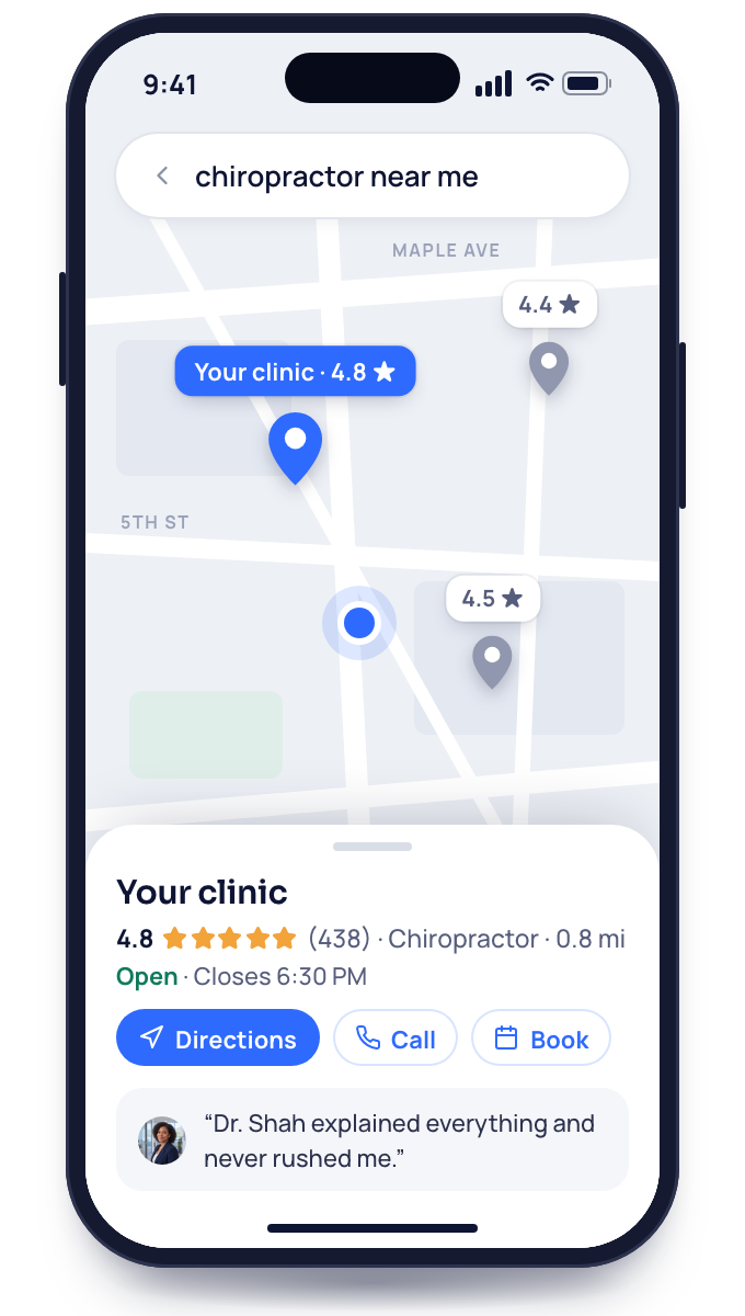 A phone showing a map with three clinics, your clinic picked at 4.8 stars, and its card with directions, call and booking.