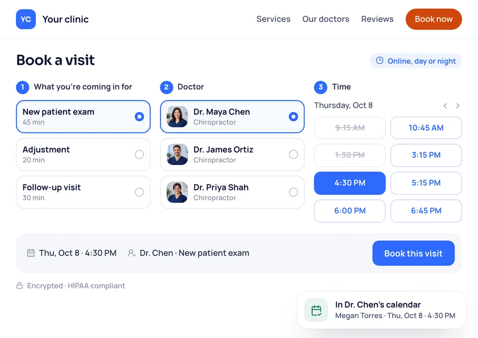 Your clinic's booking page: a new patient exam with Dr. Maya Chen picked for Thursday at 4:30 PM, and a note that it's in her calendar.