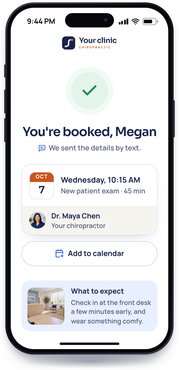 A phone at 9:44 PM showing the confirmation You're booked, Megan, with the visit card for Wednesday at 10:15 AM with Dr. Maya Chen, an Add to calendar button and a What to expect note.