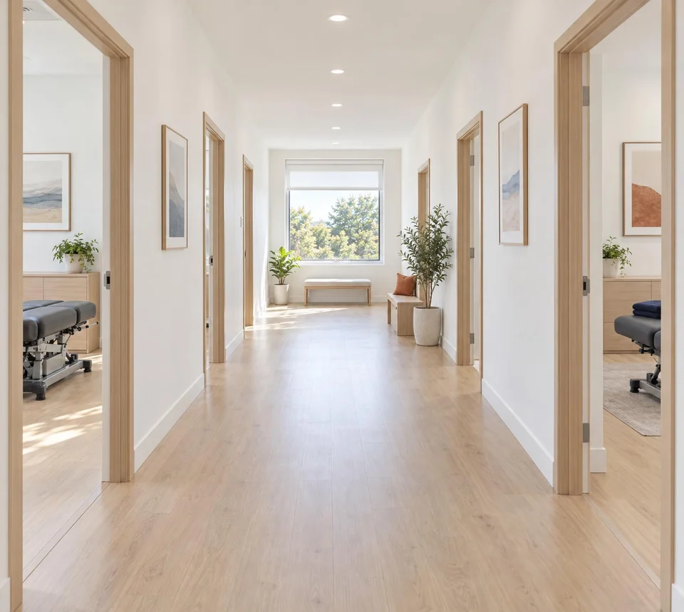 Long, bright hallway of a larger chiropractic group clinic, with adjusting rooms off each side