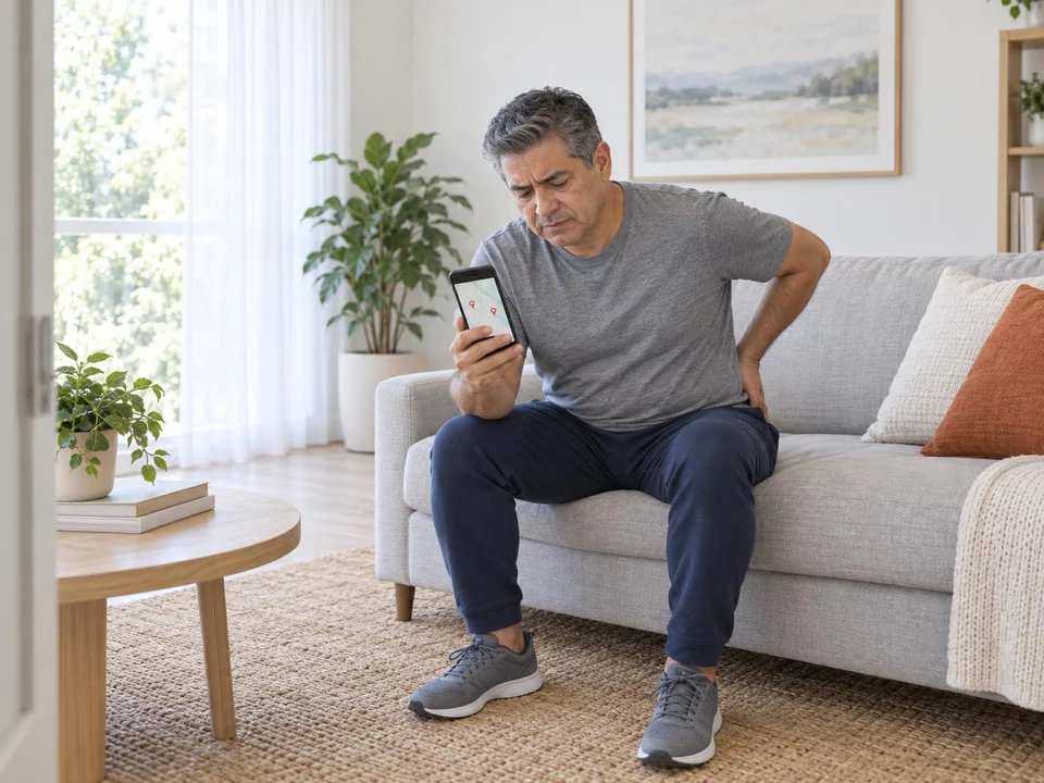 Man with lower back pain looking up chiropractors near him on his phone at home