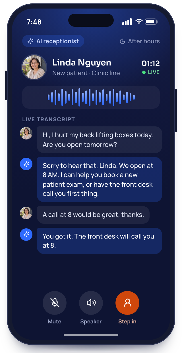 A phone showing the AI receptionist answering Linda Nguyen's call after hours, with the live transcript of her asking to be called back at 8.