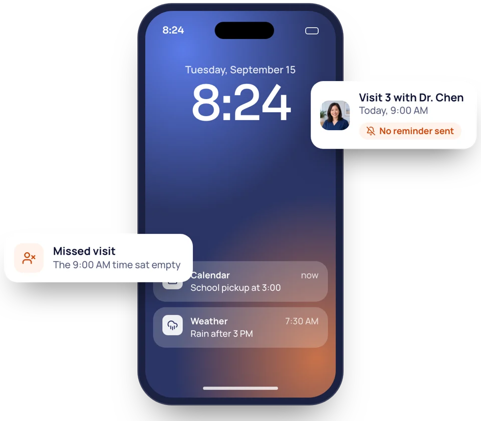 A patient's lock screen on the morning of a visit with Dr. Chen, with no reminder from the clinic, and the visit missed.