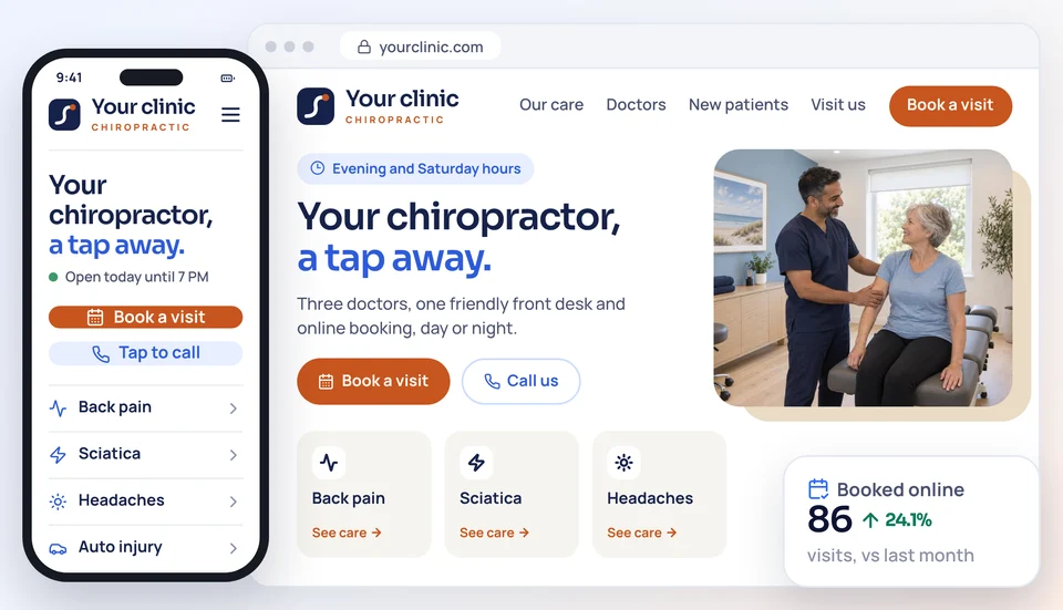 Chiropractic clinic website on a computer and a phone, with online booking, tap to call and service pages