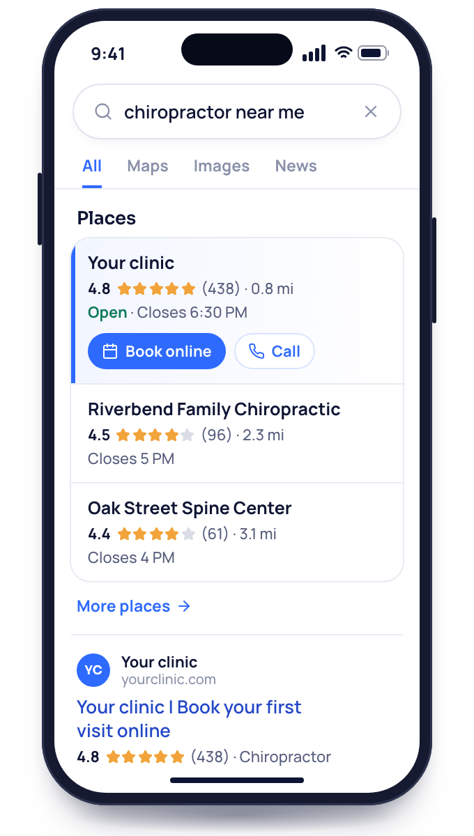 A phone showing a search for a chiropractor nearby, with your clinic first at 4.8 stars from 438 reviews.