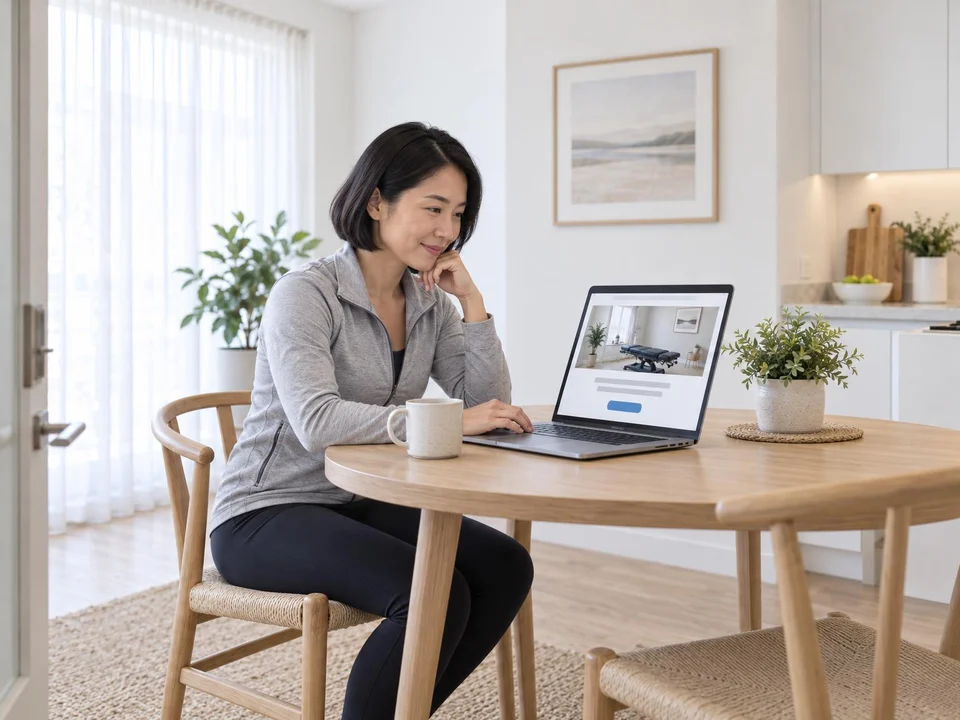 New patient reading a chiropractic clinic's homepage on a laptop at her kitchen table