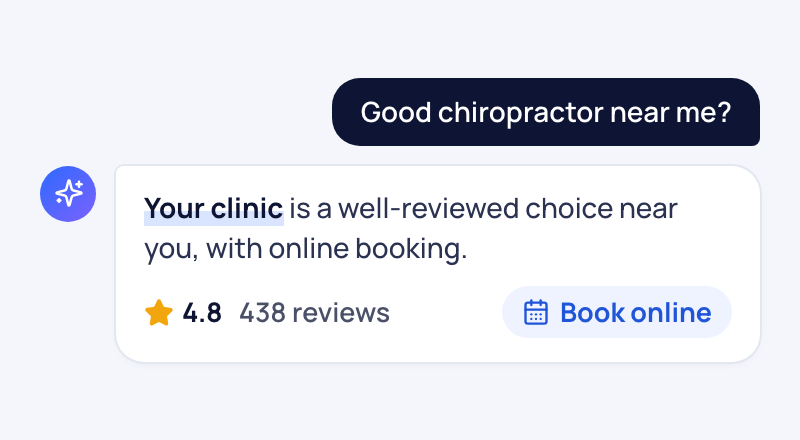 A chat where someone asks for a good chiropractor nearby and an AI answer names your clinic.