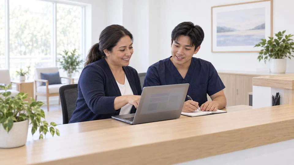 Front desk team learning their clinic's new software together on a laptop at the front desk