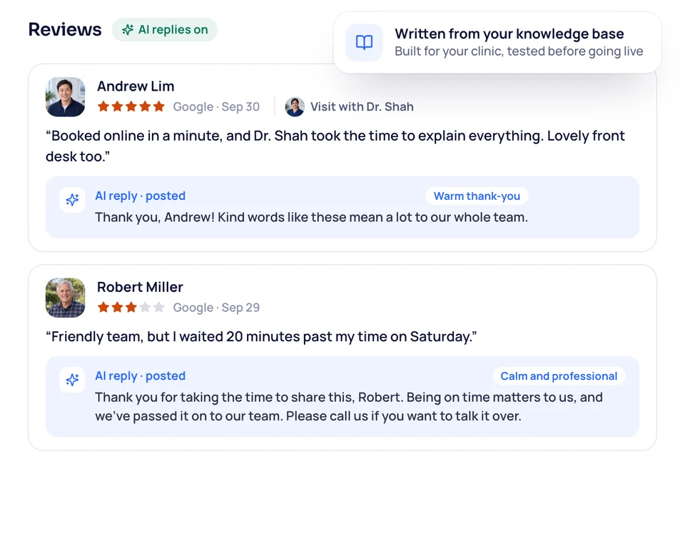 Your clinic's Google reviews with AI replies posted: a warm thank-you to a five-star review and a calm answer to a three-star one.