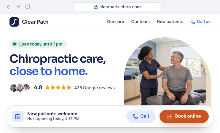 Clear Path Chiropractic's homepage in a browser, with a sticky Book online bar along the bottom