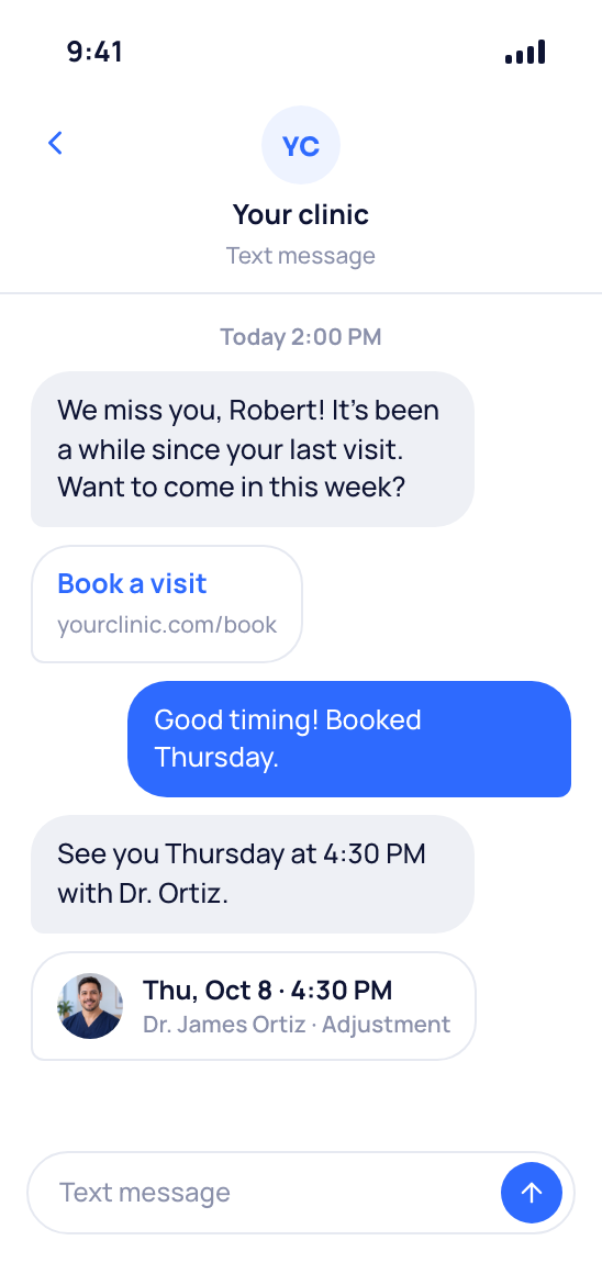 Robert Miller's phone with your clinic's we-miss-you text, a booking link and his visit with Dr. Ortiz on Thursday at 4:30.