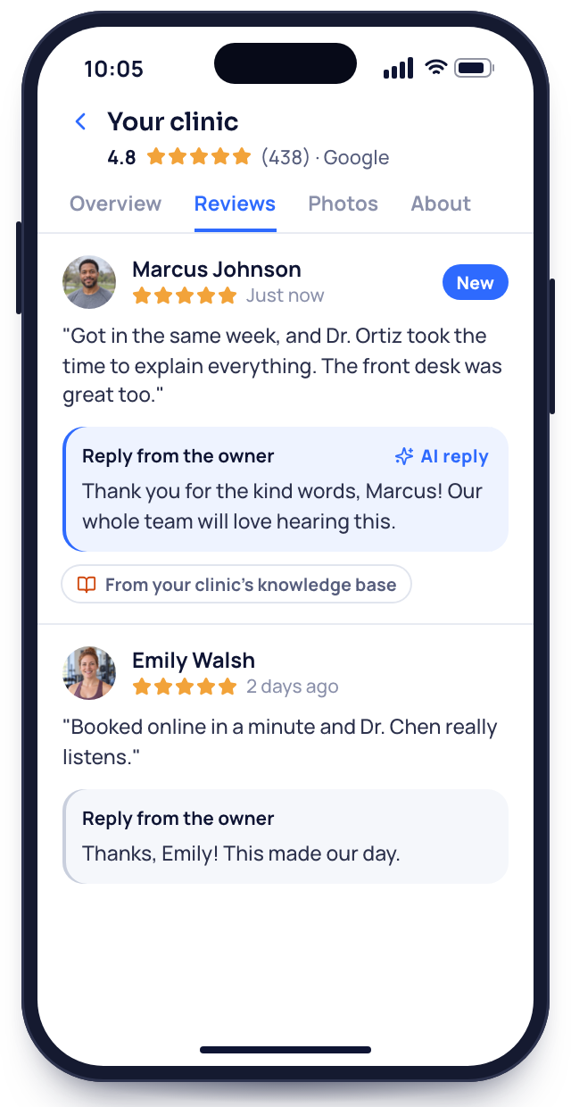 A phone showing your clinic's Google reviews, a new review from Marcus Johnson with the AI's reply from the clinic's knowledge base.