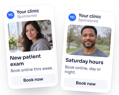 A drawing of two sponsored ads for the clinic, one for a new patient exam and one for Saturday hours, each with a Book now button.