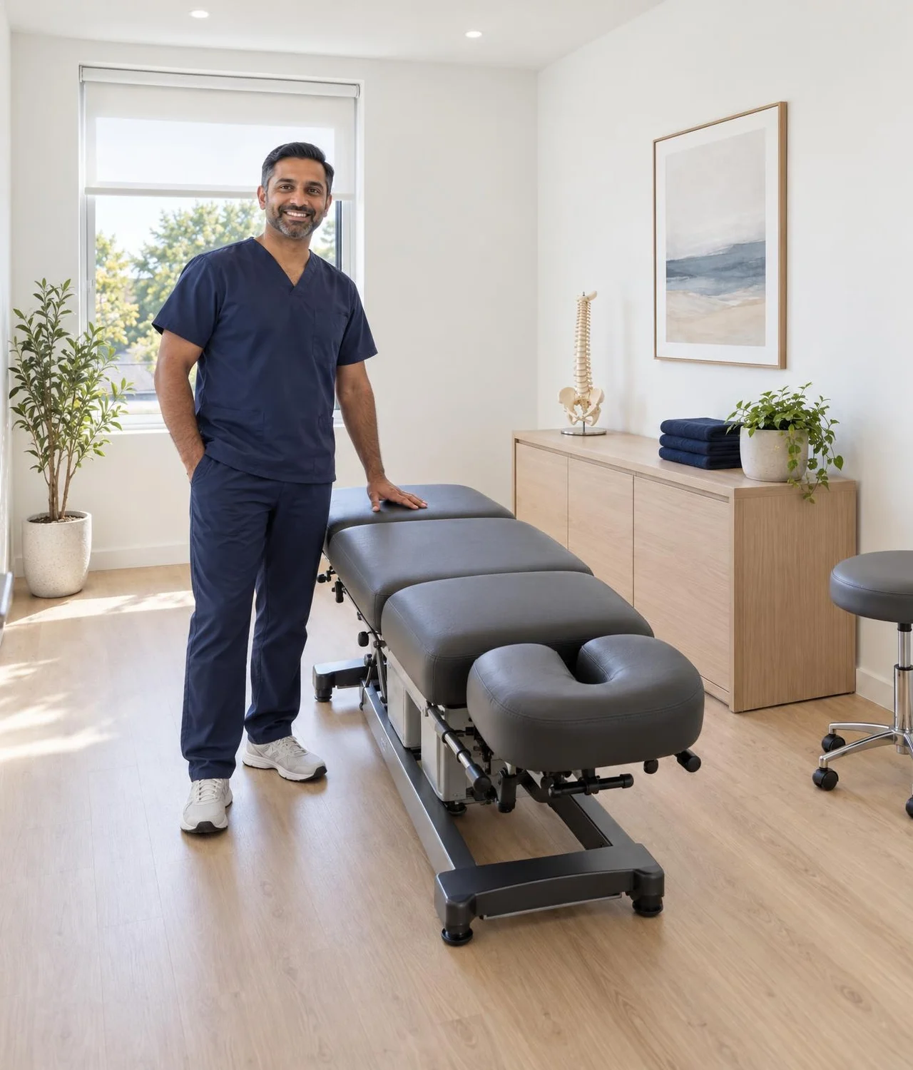 Smiling chiropractor beside the adjusting table in his treatment room