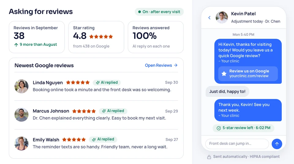 Review requests by text that bring in 5-star Google reviews, each answered with an AI reply