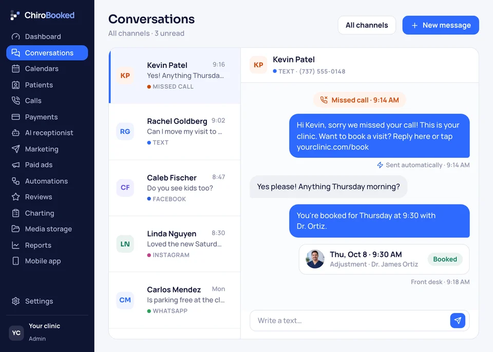 The ChiroBooked inbox with texts, Facebook, Instagram, WhatsApp and email in one list, and Kevin Patel's missed call answered by an automatic text and booked with Dr. Ortiz.