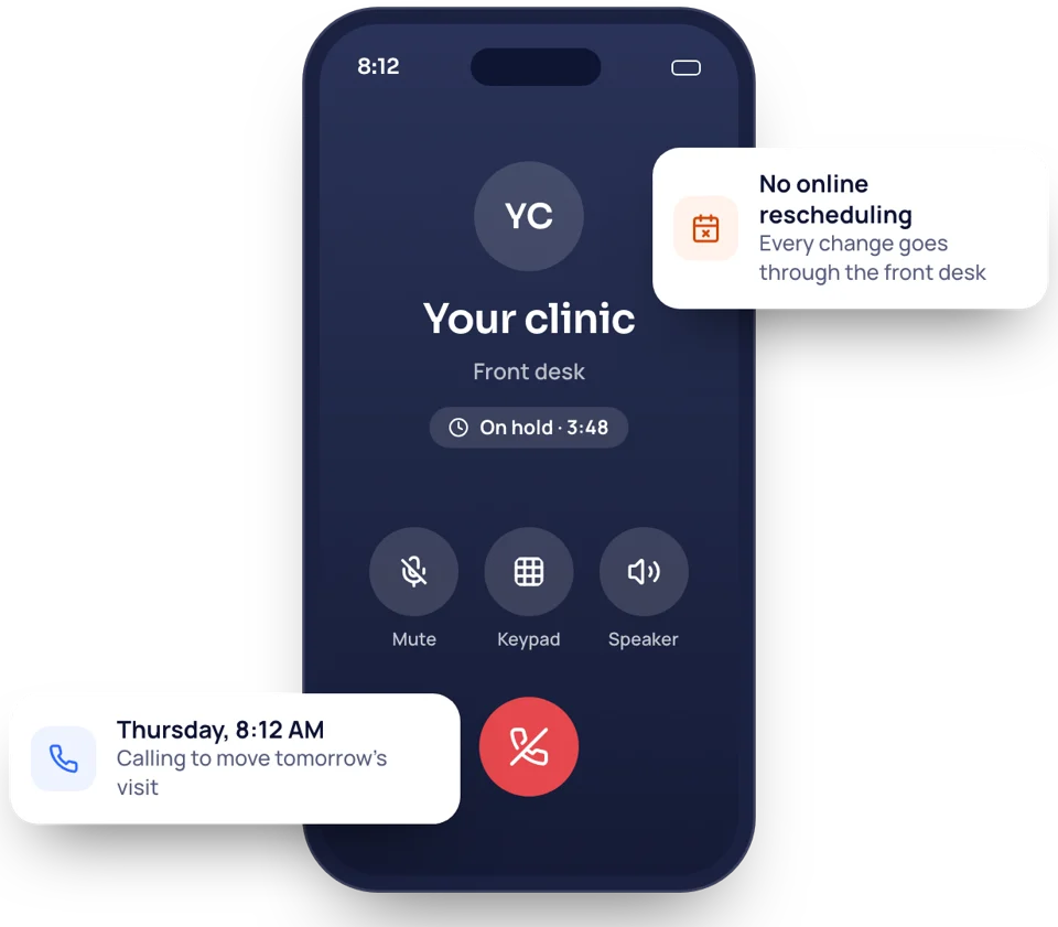 A patient on hold with the clinic's front desk, calling to move a visit, with no way to reschedule online.