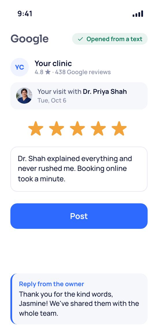 Jasmine Carter's phone with your clinic's Google review page opened from a text, five stars filled in and the owner's reply below.