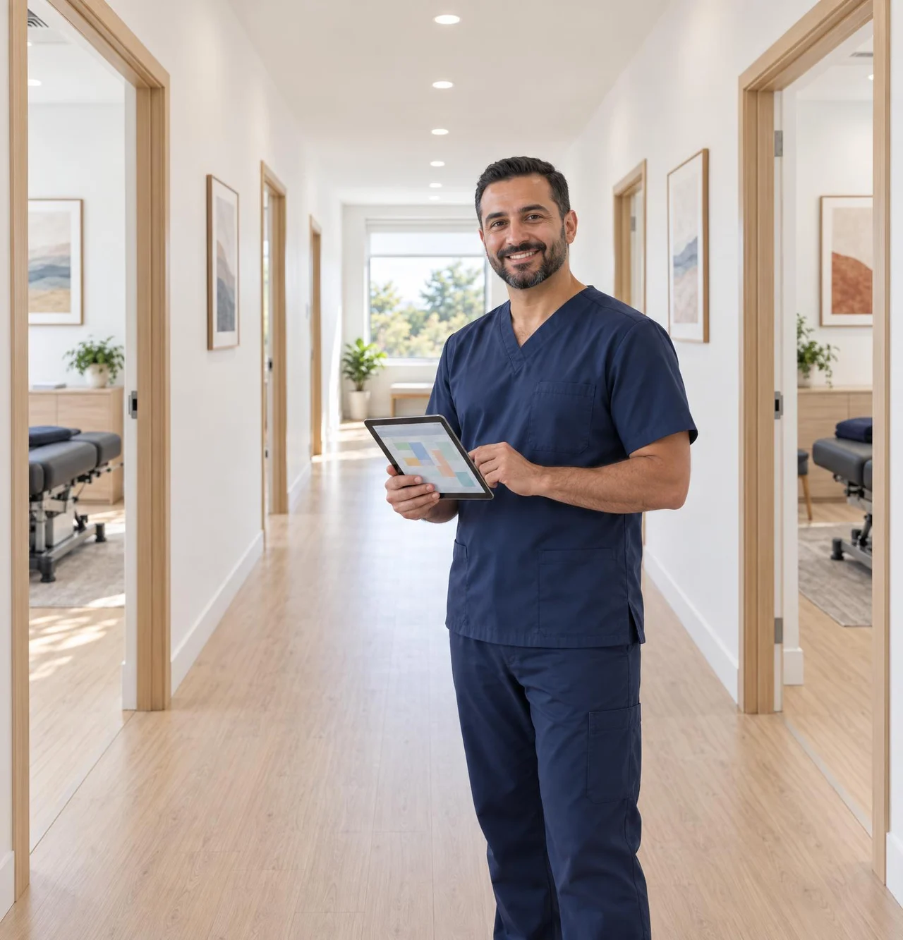 Chiropractor checking the day's visits on a tablet in the hallway of his clinic