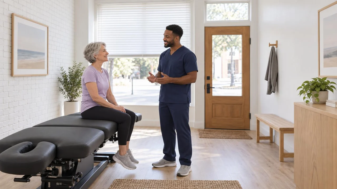 Chiropractor talking with a returning patient at the start of her next care plan visit