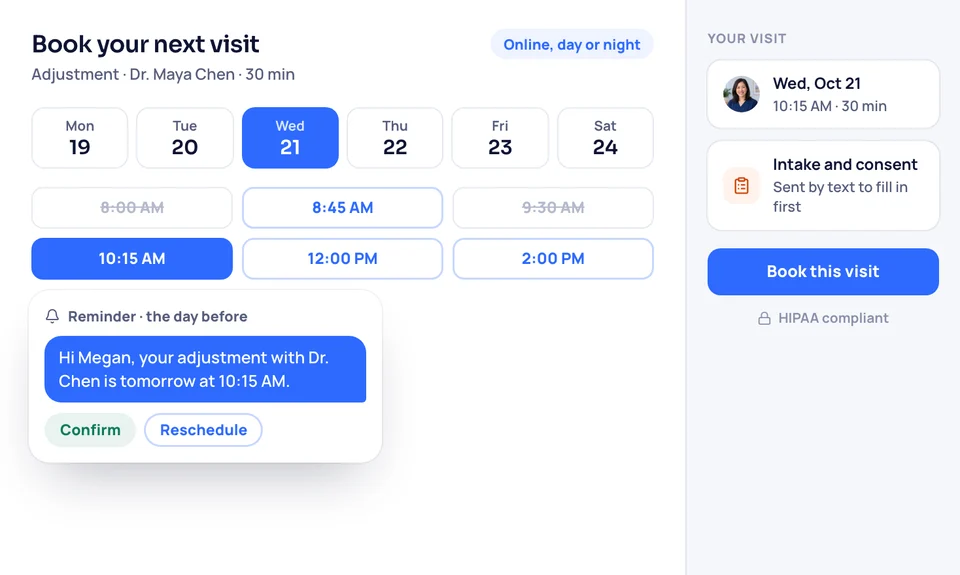 The online booking page: a day and time picked with Dr. Chen, forms sent by text, and a reminder text to confirm or reschedule.