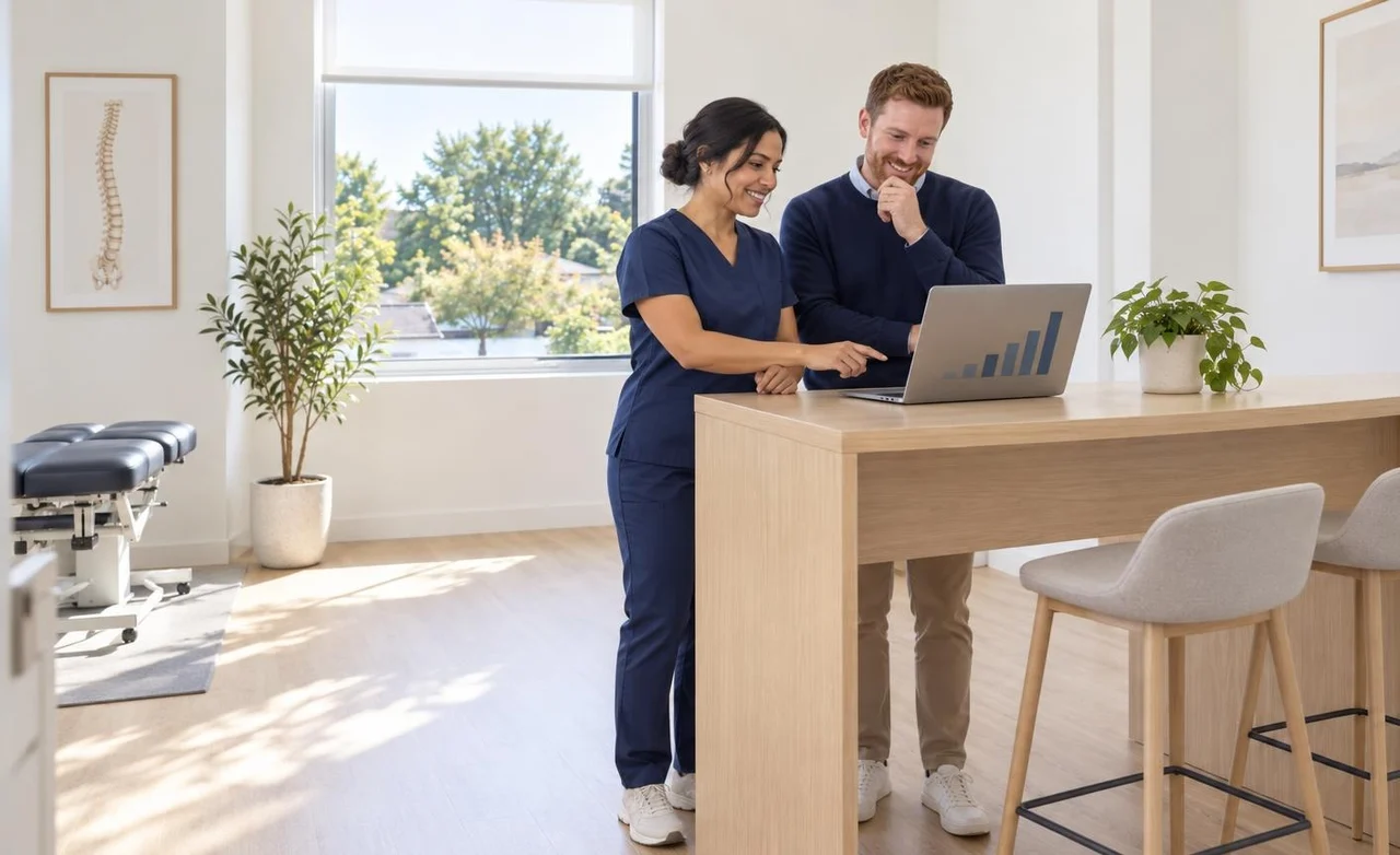 Chiropractor and a marketer looking at new patient growth on a laptop