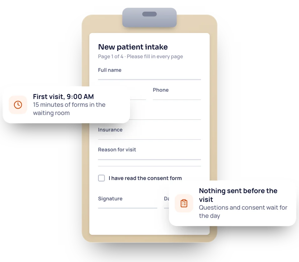 A paper new patient intake form and consent on a clipboard, filled out in the waiting room.