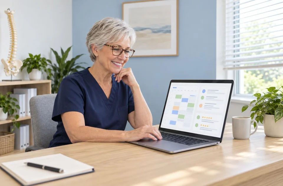 Clinic owner going over her whole clinic in one app on a laptop in her office