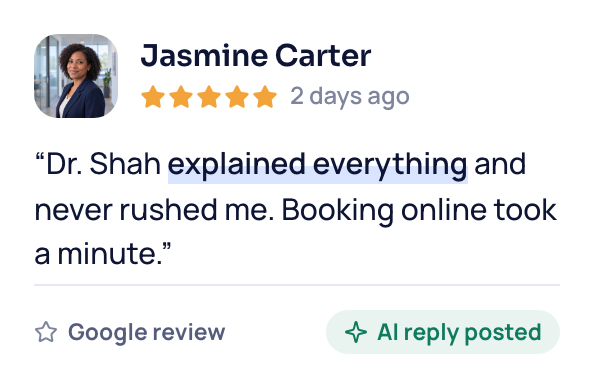 A new 5-star Google review from Jasmine Carter, with an AI reply posted.